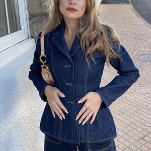 Vintage Y2K Denim Blazer Jacket Size Small Dark Wash Blue Jean Cotton